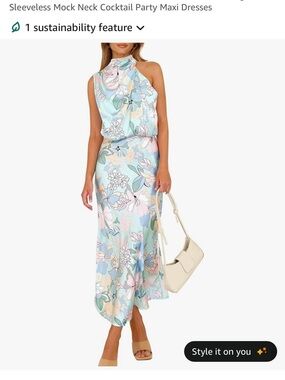 Sleeveless Mock Neck Floral Silk Maxi Dress in Pastel Mint Print XXL PrettGarden